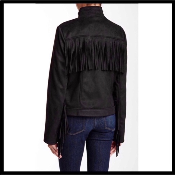 BLACK FRINGE VEGAN SUEDE MOTO BOMBER JACKET - Picture 3 of 8